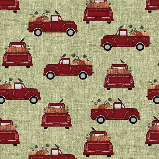 Harvest Farm - Pickup with Pumpkins Green - by Painted Sky Studio for Benartex Fabrics