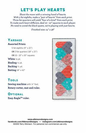 Let's Play Hearts Runner Pattern by Atkinson Designs