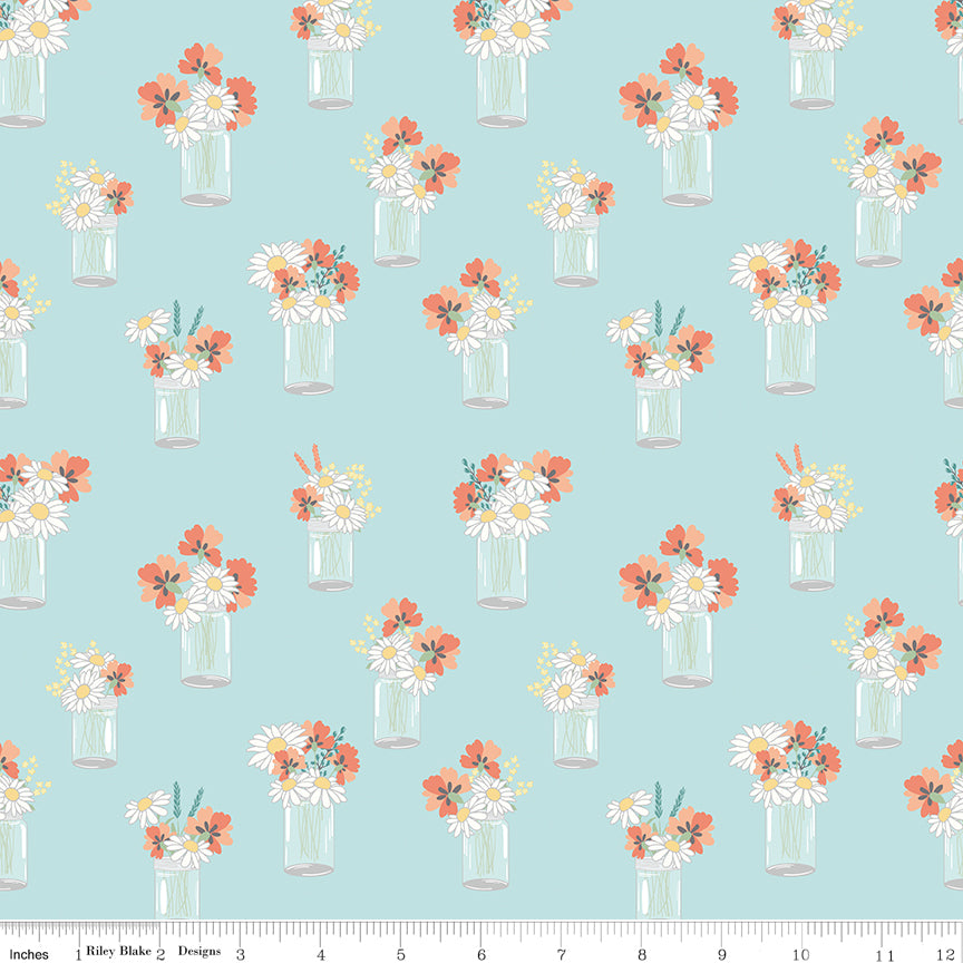 Sunshine and Sweet Tea - Mason Jar Bouquets Aqua Print - by Amanda Castor of Material Girl Quilts for Riley Blake Designs