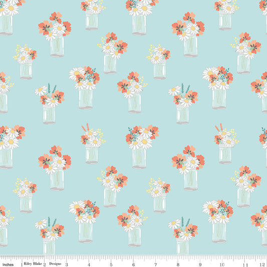 Sunshine and Sweet Tea - Mason Jar Bouquets Aqua Print - by Amanda Castor of Material Girl Quilts for Riley Blake Designs