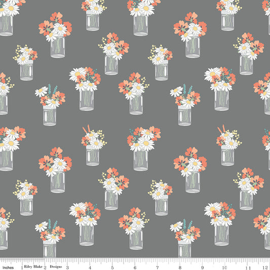 Sunshine and Sweet Tea - Mason Jar Bouquets Gray Print - by Amanda Castor of Material Girl Quilts for Riley Blake Designs