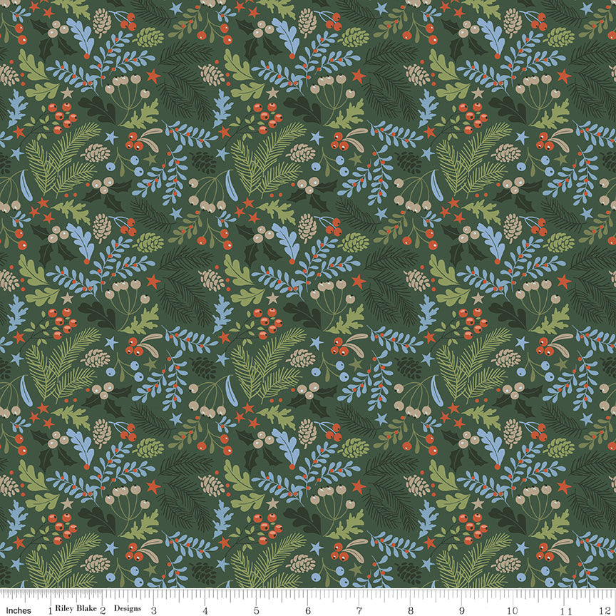 Santa's Tree Farm Berries and Bough print in Forest by Lisa Audit for Riley Blake Designs