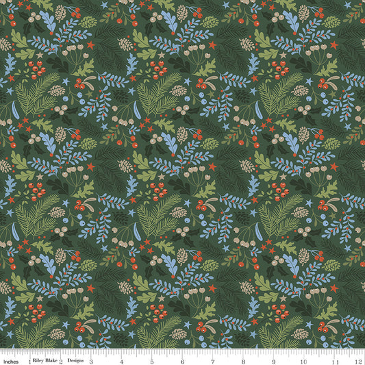 Santa's Tree Farm Berries and Bough print in Forest by Lisa Audit for Riley Blake Designs