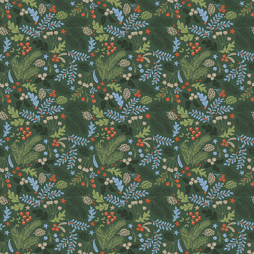 Santa's Tree Farm Berries and Bough print in Forest by Lisa Audit for Riley Blake Designs