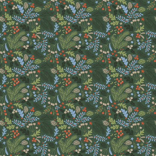Santa's Tree Farm Berries and Bough print in Forest by Lisa Audit for Riley Blake Designs