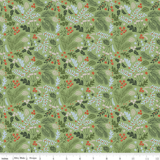 Santa's Tree Farm Berries and Bough print in Woodland Green by Lisa Audit for Riley Blake Designs