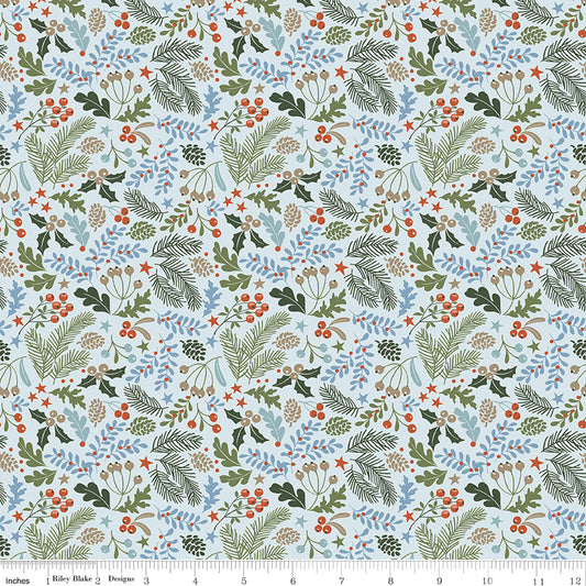 Santa's Tree Farm Berries and Bough print in Sky by Lisa Audit for Riley Blake Designs