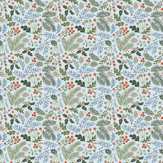 Santa's Tree Farm Berries and Bough print in Sky by Lisa Audit for Riley Blake Designs