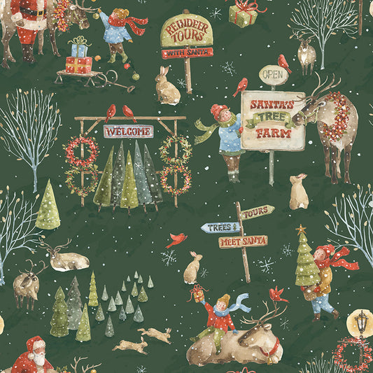 Santa's Tree Farm Main print in Forest Green by Lisa Audit for Riley Blake Designs