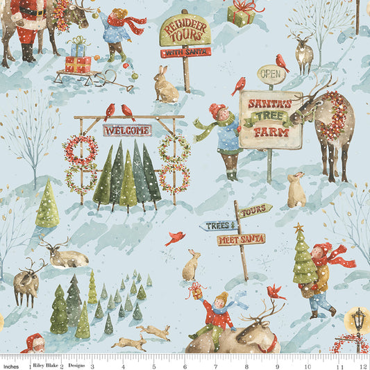 Santa's Tree Farm Main print in Sky Blue by Lisa Audit for Riley Blake Designs