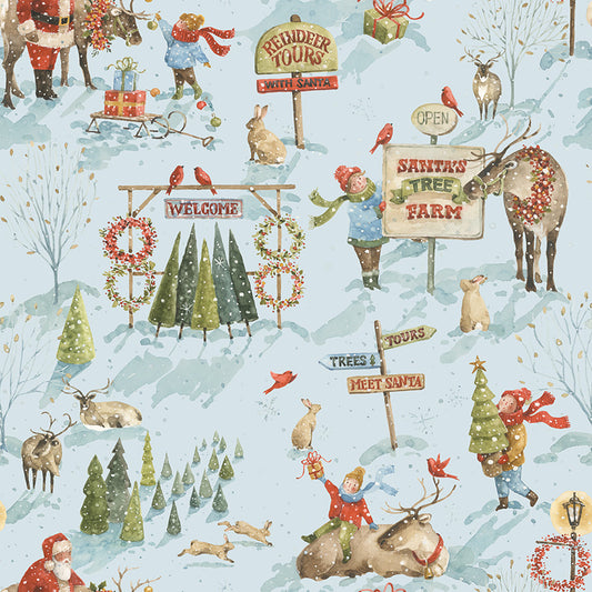 Santa's Tree Farm Main print in Sky Blue by Lisa Audit for Riley Blake Designs