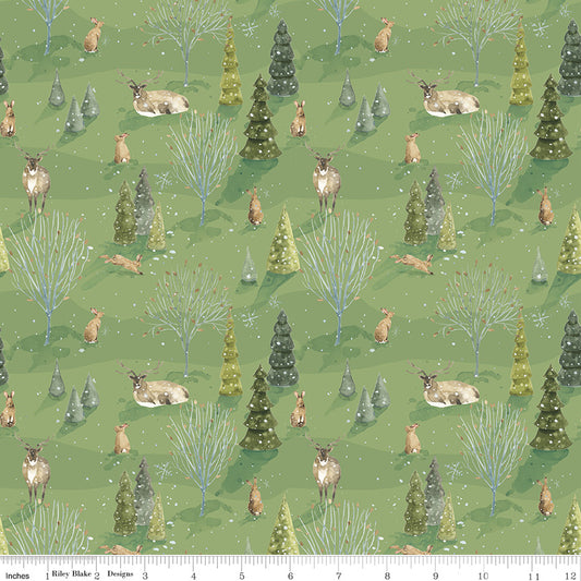 Santa's Tree Farm Woodland print in Green by Lisa Audit for Riley Blake Designs