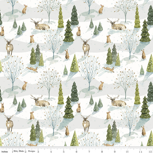 Santa's Tree Farm Woodland print in Snowy White by Lisa Audit for Riley Blake Designs