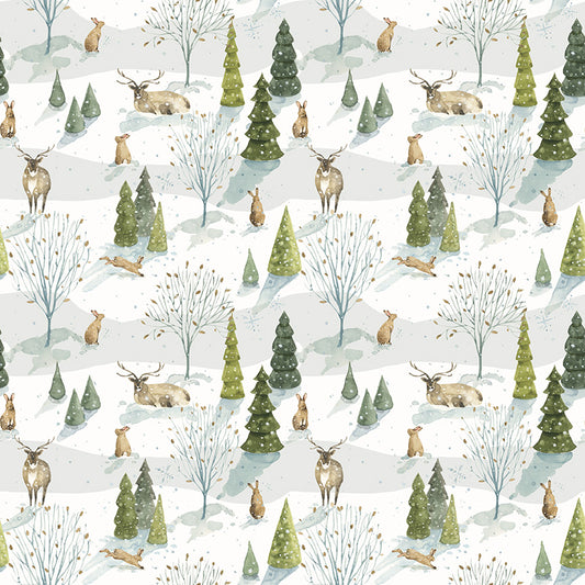 Santa's Tree Farm Woodland print in Snowy White by Lisa Audit for Riley Blake Designs