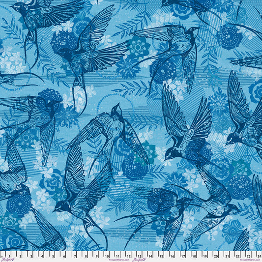 Findings Collection Wide Back Coming Home Print Indigo Colorway by Valori Wells for FreeSpirit Fabrics