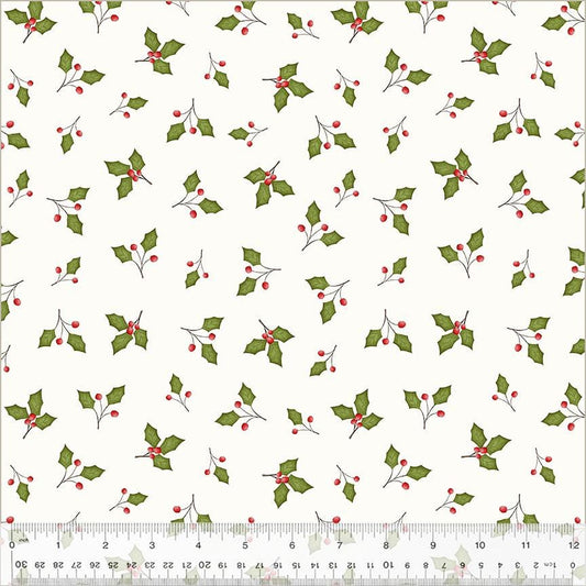 A Very Terri Christmas - Holly Leaves Print Ivory - by Terri Degenkolb Whimsicals for Windham Fabrics