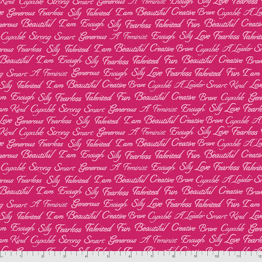 Enchanted I Am Script Pomegranate Print by Valori Wells for FreeSpirit Fabrics