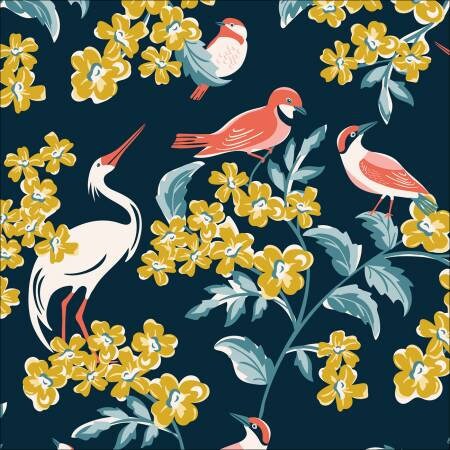Flower Garden Organic Cotton Fabric - Navy Bird Watching Print - by Hang Tight Studio for Cloud 9 Fabrics