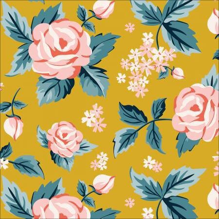 Flower Garden Organic Cotton Fabric - Gold Romantic Roses Print - by Hang Tight Studio for Cloud 9 Fabrics