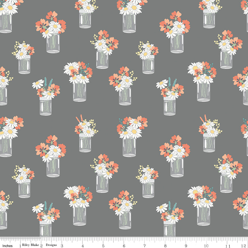 Sunshine and Sweet Tea - Mason Jar Bouquets Gray Print - by Amanda Castor of Material Girl Quilts for Riley Blake Designs