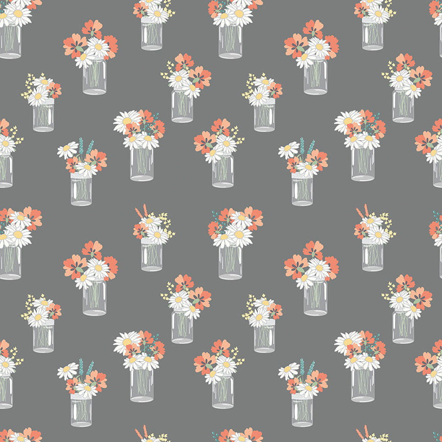 Sunshine and Sweet Tea - Mason Jar Bouquets Gray Print - by Amanda Castor of Material Girl Quilts for Riley Blake Designs