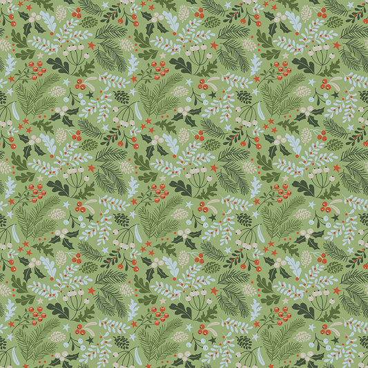 Santa's Tree Farm Berries and Bough print in Woodland Green by Lisa Audit for Riley Blake Designs