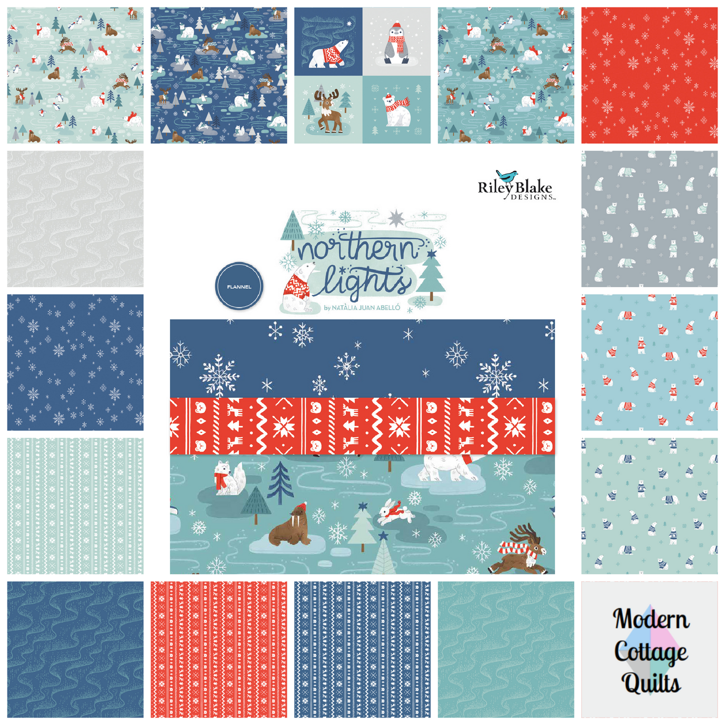 Flannel Northern Lights Sky Polar Bears by Natalia Juan Abello for Riley Blake Designs