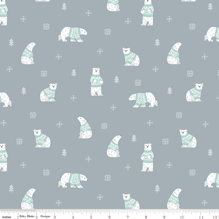 Flannel Northern Lights Steel Polar Bears by Natalia Juan Abello for Riley Blake Designs