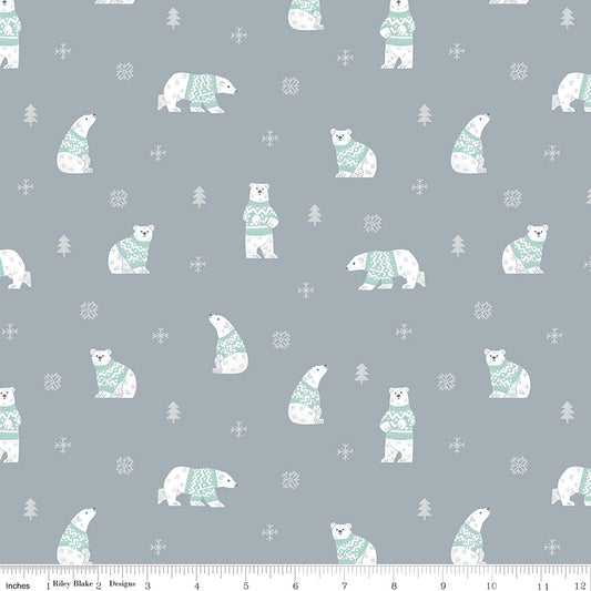 Flannel Northern Lights Steel Polar Bears by Natalia Juan Abello for Riley Blake Designs