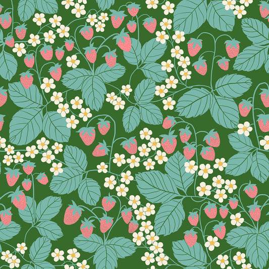 Strawberry Field Print in Endpaper Green from the Reimagined Landscapes Collection by Jen Hewett for Ruby Star Society and Moda Fabrics