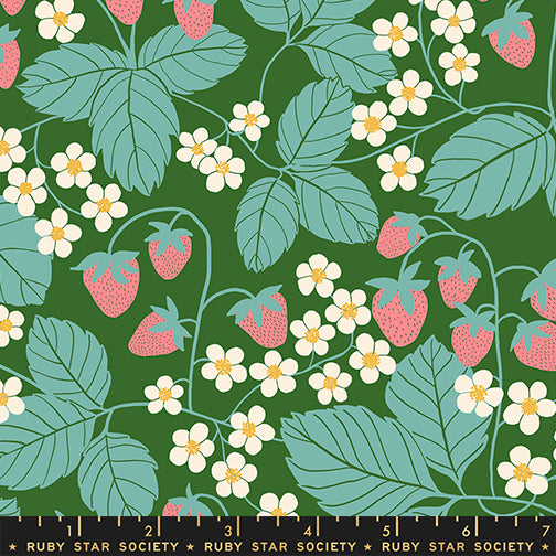 Strawberry Field Print in Endpaper Green from the Reimagined Landscapes Collection by Jen Hewett for Ruby Star Society and Moda Fabrics