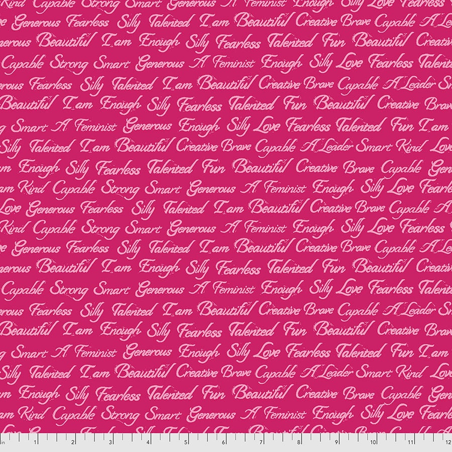 Enchanted I Am Script Pomegranate Print by Valori Wells for FreeSpirit Fabrics